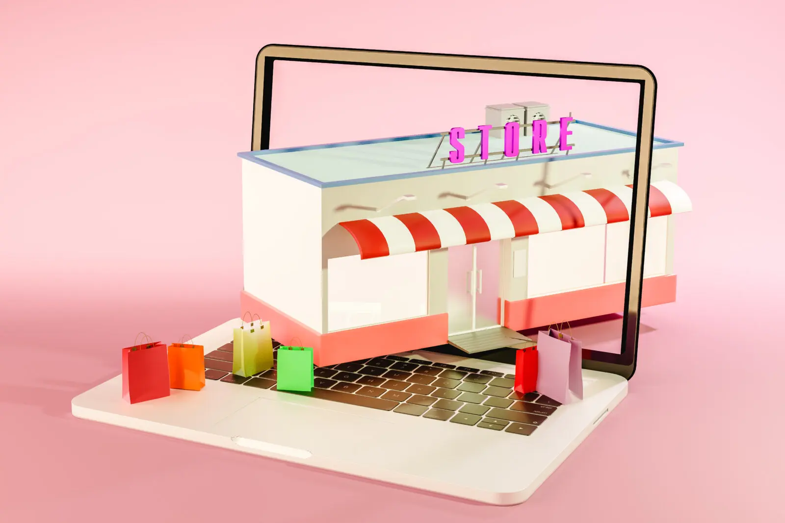 3d-rendering-open-laptop-with-colorful-shopping-bags-store-modern-studio 3d rendering open laptop with colorful shopping bags store modern studio