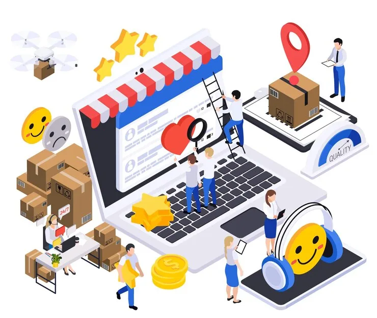 Business growth strategy isometric composition with laptop storefront parcel boxes star heart reactions people vector illustration 1284 80424