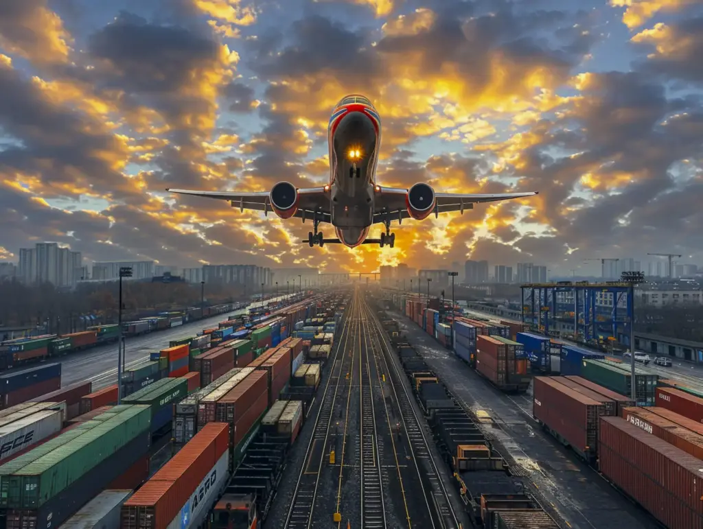 Brand Market Entry in Malaysia and Singapore – Cross-Border Logistics and Expansion Airplane flying over cargo containers symbolizing cross-border trade and brand market entry between Malaysia and Singapore.