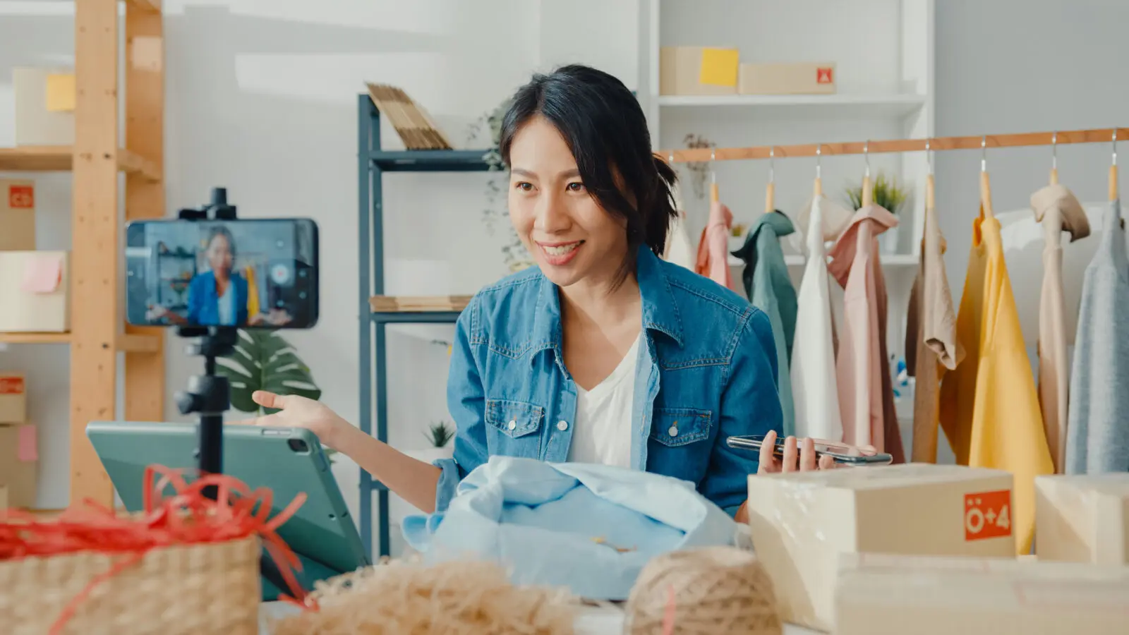 young-asian-lady-fashion-designer-using-mobile-phone-receiving-purchase-order-show-clothes-live-streaming Young asian lady fashion designer using mobile phone receiving purchase order show clothes live streaming